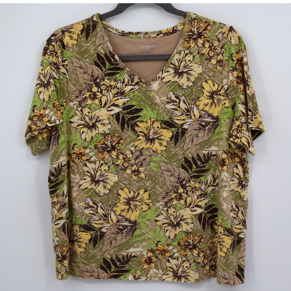 Catherines Tropical Tee Women 1X/18/20W Green Resort Vacation Casual Cruise Boho